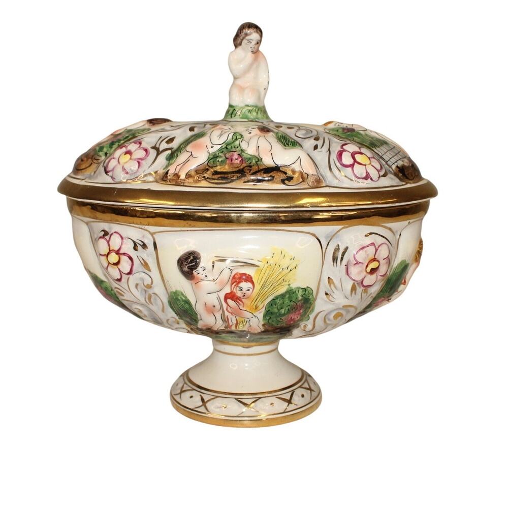 Capodimonte Porcelain Covered Cherub Floral Candy Dish VTG Pedestal Italy #77